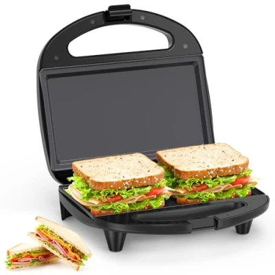 Image of Snailar 2 Slice Sandwich Toaster with Flat Plates, Non Stick, PFOA Free, Cool Touch Handle, 750W, Black
