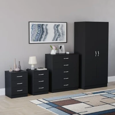Image of Vida Designs Riano 4 Piece Bedroom Sets, 2 x 3 Drawer Bedside Cabinets, 5 Chest of &amp; Door Wardrobe (Black)