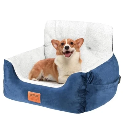 Image of VEVOR Dog Car Seat, Booster Seat for with High Back, A Storage Pocket, Clip On Safety Leash, PP Cotton Filling, Bed Small up to 20lbs, Dark Blue+Gray