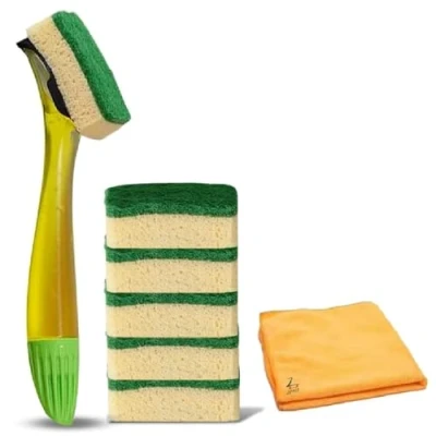 Image of Bonus Pack 1 Fillable Washing Up Brush With and 6 Replaceable Sponge Head Refills Zopper Microfiber Cloth