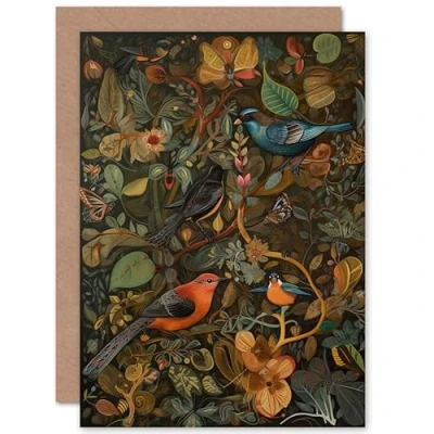 Image of Artery8 Birds and Butterflies on Autumnal Tree Folk Art Nature Birthday Sealed Greeting Card Plus Envelope Blank inside