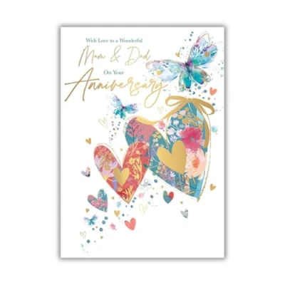 Image of Mum and Dad Anniversary Card Wonderful Butterflies Love Heart Design Special Finish Illustrated Insert Leaf Made in the UK Eco Friendly