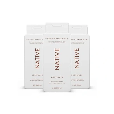 Image of Native Shower Gel &amp; Body Wash for Women Men Free of Sulphates Dyes Coconut Vanilla Scent Soap Gently Cleanses with Plant Based ingredients (3 Pack, 532ml Each)