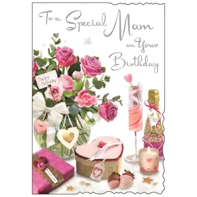 Image of Mam Birthday Card Special Artistic Feminine Design Flowers and Drinks Finishes Illustrated Insert Leaf Made in the UK