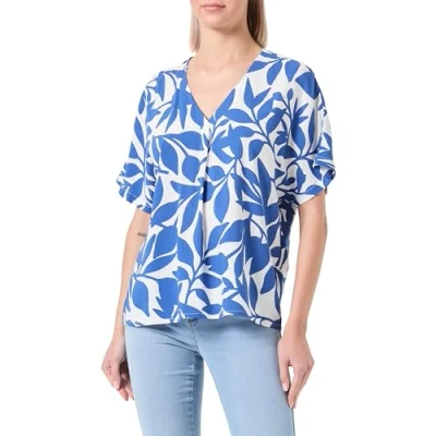 Image of VERO MODA Women&#039;s Vmeasy Joy SS V Neck top WVN Ga, Snow White/AOP: Alisa Mazarine Blue, XS