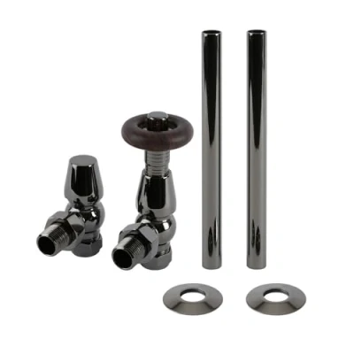 Image of Milano Windsor Traditional Black Nickel Angled Radiator Heated Towel Rail Thermostatic Lockshield Valve and Pipe Connector Kit