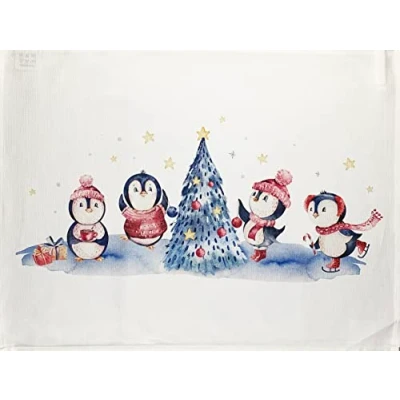 Image of Half a Donkey the Penguins and Christmas Tree Large Cotton Tea Towel