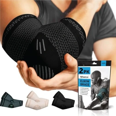 Image of POWERLIX Elbow Support for Men/Women/Kids, 2 Pack Brace Compression Arm Tendonitis, Tennis Elbow, Golfers Sleeves Sports Protection and Pain Relief, Black, XLarge
