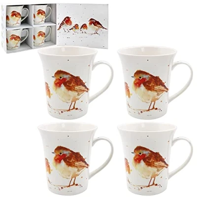 Image of lesser and pavey LP52715 Ceramic Mug Winter Robins design Set of 4, Rose
