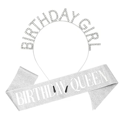 Image of DRESHOW Birthday Girl Headband Tiara with Sash Princess Crown Rhinestone Happy Accessories for Women Girls