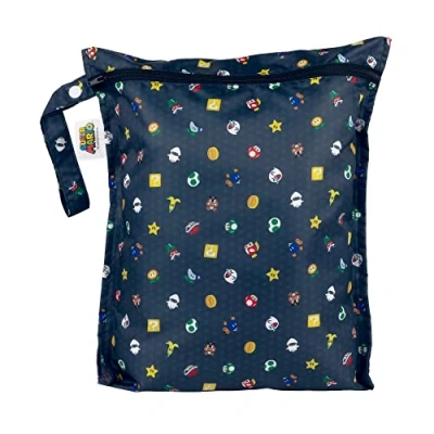 Image of Bumkins Waterproof Wet Bags for Baby, Nintendo Super Mario, Travel, Swimsuit, Cloth Diapers, Pump Parts, Gym Clothes, Toiletries, Strap to Stroller, Zipper Reusable Bag