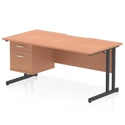 Image of Impulse 1600 x 800mm Scalloped Edge Straight Office Desk Beech Top Black Cantilever Leg Workstation 1 2 Drawer Fixed Pedestal