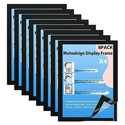 Image of Mutualsign A4 Magnetic Frames，8PCS Self Adhesive Frame, Window/Wall Display Holder for Ads,Notices,License.(8Pack,Black)