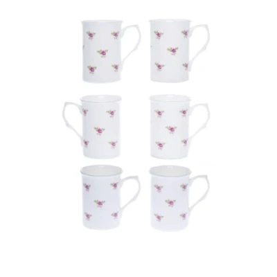 Image of (Item 3F) Kirsty Jayne China 10Fl oz Bone DOT Rose Beakers, Mugs, Cups Packed in a Gift Boxed (Set of 6)