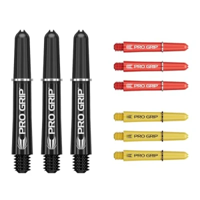 Image of TARGET Darts Pro Grip Shafts Set of 9 3 Colours, Black/Yellow/Red Short, 34mm Dart Stems, Professional Accessories, 2BA Shaft Multipack with Rings