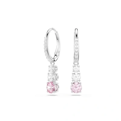 Image of Swarovski Attract Trilogy drop earrings, Round cut, Pink, Rhodium plated