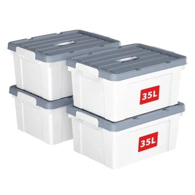 Image of Cetomo 35L*4 Storage Boxes, Carry Plastic Box with Lids, Organizing Container Handle and Secure Latching Buckles, Stackable, Nestable, Tote Bin for Home Office Clothes, 35L 4Pack, White