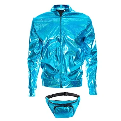 Image of 70s 80s 90s Foil Metallic Shiny RAVE Bomber Jacket Hologram Festival Fancy Dress Blue