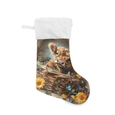 Image of Ewusp 1PCS Christmas Stockings, Highland Cow 18 Inches Large Stocking, Fireplace Hanging Stockings Decorations Xmas Ornaments for Family Holiday Party