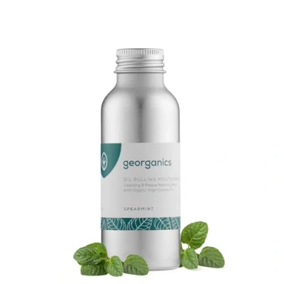 Image of Georganics Whitening Oil Pulling Mouthwash Spearmint Plaque Reducing Coconut Blend 100% Natural Ingredients SLS, Glycerine &amp; Fluoride Free Cosmos Organic, Vegan Cruelty 100ml