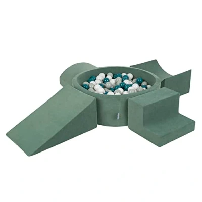 Image of KiddyMoon Foam Playground Velvet For Kids With Round Ballpit (300 Balls ∅ 7Cm/2.75In) Soft Obstacles Course And Ball Pool, Made In EU, Forest Green:Dark Turquoise/Greygreen/White