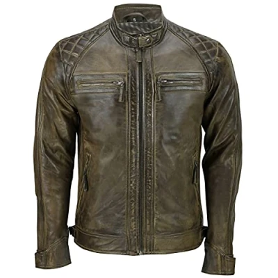 Image of Infinity Leather Mens Vintage Quilted Biker Jacket Monaco Brown Size Medium