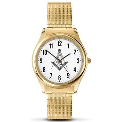 Image of Sekonda Men&#039;s Masonic Analogue Quartz Watch with White Dial and Gold Expanding Strap 90098