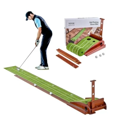 Image of VEVOR Golf Mat 2 Holes, for Indoor Outdoor, Mini Set with Automatic Ball Return, Alignment Guide, Wooden Base, Training Equipment, Green