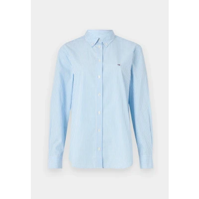 Image of Tommy Jeans Women’s Regular Fit Pinstripe Poplin Shirt, Multicolor (Sugarplum Blue/Stripe), M