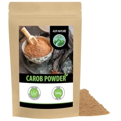 Image of carob powder (500g, 1.1lb), natural and vegan carob, gently dried ground, dark without additives
