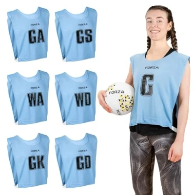 Image of FORZA Pro Netball Bibs [7 Pack] Full Player Position Bib Pack Available in 7 Colours Breathable and Comfortable for Schools &amp; Clubs (Sky Blue, Large)
