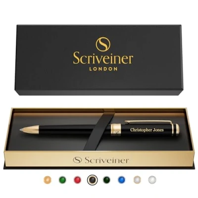 Image of Scriveiner Ballpoint Pen London Stunning with 24K Gold Finish, Schmidt Black Refill, Best Ball Gift Set for Men &amp; Women (Black (Personalised))