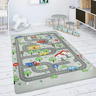 Image of Paco Home Kids Rug Children&#039;s Room Play Mat Baby Car Green, Size:80 cm round