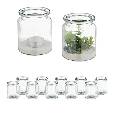 Image of Relaxdays Candle Holders, Set of 12, Simple Glass Jars, Tealight Table Decor, 9.5 x 8 cm, Indoors &amp; Outdoors, Clear