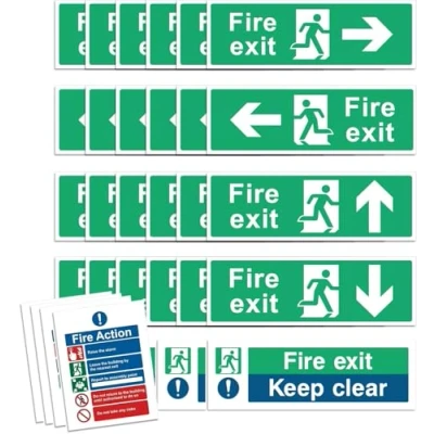Image of RubiGo Safety Pack of 32, Fire Exit Sign (RIGHT, LEFT, UP, DOWN ARROW) Keep Clear Sign, Action Signs 30 X 10cm Self Adhesive Vinyl Sticker Emergency Signage
