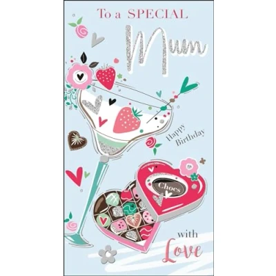 Image of Jonny Javelin Special Mum Birthday Card Cocktail and Chocolates Embossed with Foil Flitter Details
