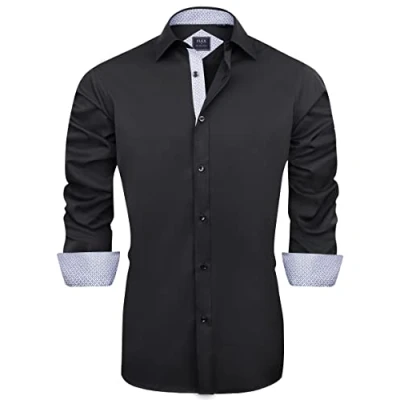 Image of J.VER Mens Black Formal Shirts Casual Long Sleeve Dress Business Slim Fit Work Wedding Regular Silk Stretch Non Iron S 6XL