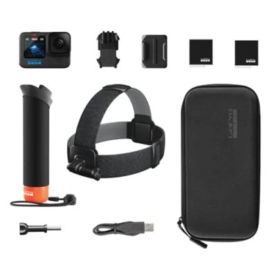 Image of GoPro HERO12 Accessory Bundle Includes Black Camera, The Handler (Floating Hand Grip), Head Strap 2.0, Enduro Rechargeable Battery (2 Total), and Carrying Case