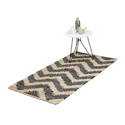 Image of Relaxdays Boho Runner Rug, Jute, Non Slip, Hand Woven, for Hallway, Kitchen, Zigzag Pattern, 70 x 140 cm. Black/Beige, 50%