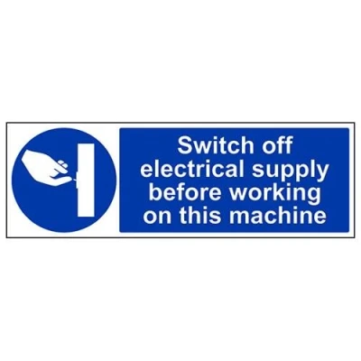 Image of V Safety Switch Off Electricity Supply Before Working On This Machine Sign 600mm x 200mm Self Adhesive Vinyl