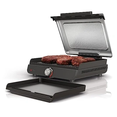 Image of Ninja GR101 Sizzle Smokeless Indoor Grill &amp; Griddle, 14&#039;&#039; Interchangeable Nonstick Plates, Dishwasher Safe Removable Mesh Lid, 500F Max Heat, Even Edge to Cooking, Grey/Silver