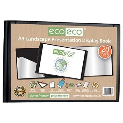 Image of eco A3 50% Recycled 20 Pocket Black Landscape Presentation Display Book, Storage Case Portfolio Art Folder with Plastic Sleeves, eco096