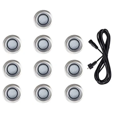 Image of MiniSun Pack of 10 40mm Cool White LED Round IP67 Rated Garden Decking/Kitchen Plinth Lights Kit Complete with a 3M Extension Cable