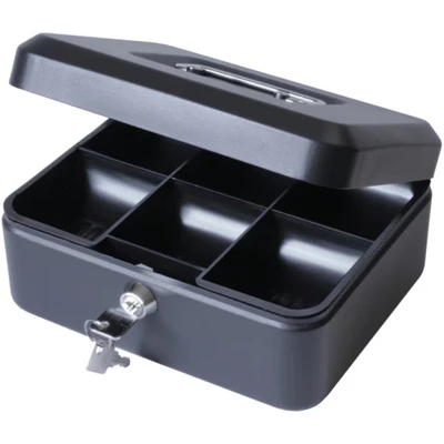 Image of Cathedral Products Key Lockable Cash Box with Lift Out 6 Compartment Coin Tray 8 Inch Black