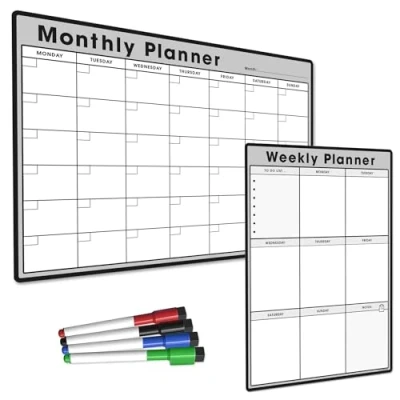 Image of TMS Magnetic Weekly Planner and Monthly Calendar Set Whiteboard for Organising Your Week, To Do List, Shopping Meal Planning Home, Office, School with 4 Dry Wipe Pens