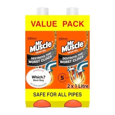 Image of Mr Muscle Drain Unblocker, Sink &amp; Cleaner, Fast Acting Heavy Duty Gel, Dissolves Clogs, Works 3x Better Than Bleach, Safe for All Pipes, Duo Pack, (2 x 1L) (Package may vary)