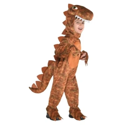 Image of Amscan 9904748 Kids Brown T rex Dinosaur Hooded Jumpsuit Fancy Dress Costume Age: 4 6 Yrs