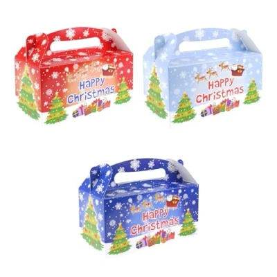 Image of HENBRANDT 12 x Christmas Large Party Lunch Boxes for Parties Xmas Dinner Food Box Gift Favours Goodies Treats Empty Cardboard Packaging Boys and Girls