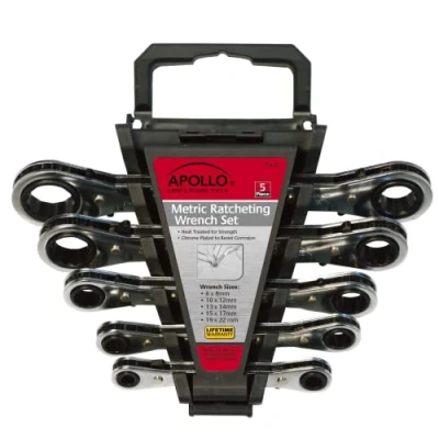 Image of Apollo Tools 5 Piece Metric Steel Ratcheting Wrench Set Includes Wrenches in Quick Release Case for Trunk, Garage and on The Road DT1213