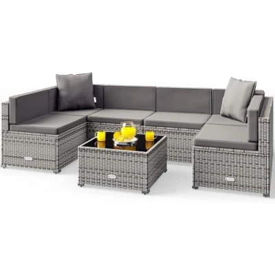 Image of CASARIA® Polyrattan Garden Lounge Furniture Set XL 7cm Thick Seat &amp; Back Cushions 5mm Safety Glass Table Top Modular Patio Weatherproof Corner Outdoor Sofa Group Anthracite Grey